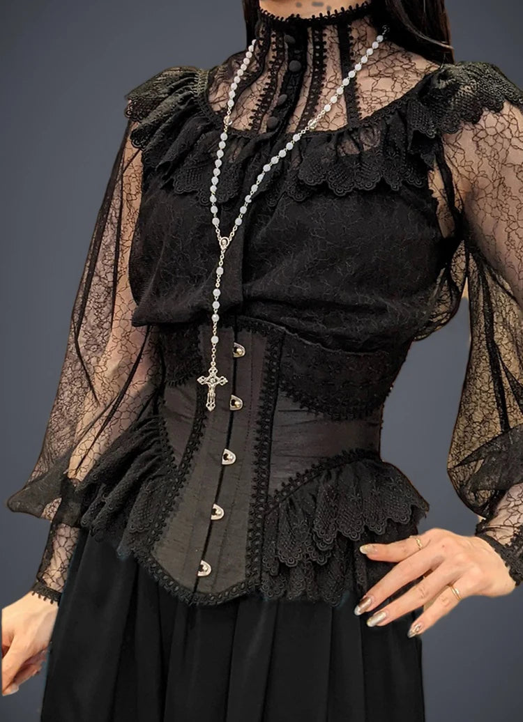 Lolita Lace Up Boned Waist Trainer Stage Costume Victorian Lace Ruffles