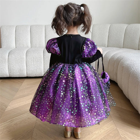 Purple Witch Girls Halloween Costume Star Tulle Party Dresses with Props