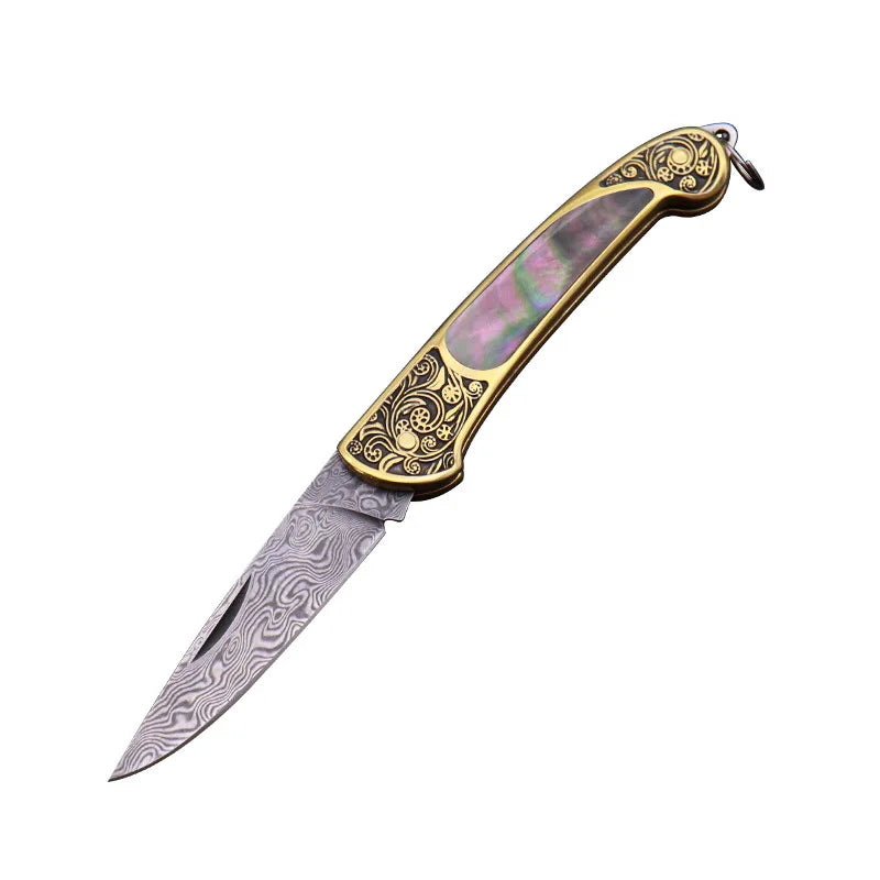 Principessa Pesca Handmade Shell Inlaid Folding Knife High Quality Sharp Brass Portable Keychain Mini Knife