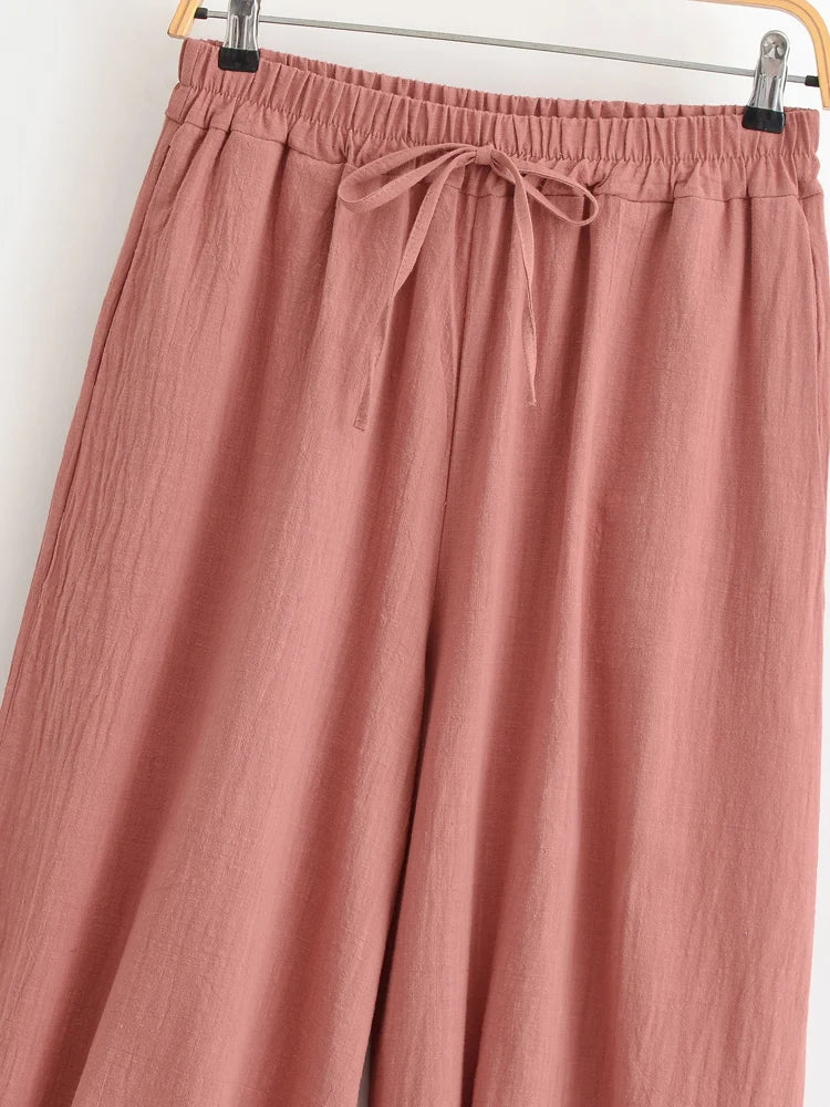 Sun Moon Embroidered Linen Cotton Baggy Pants Side Pockets Loose Yoga Wear