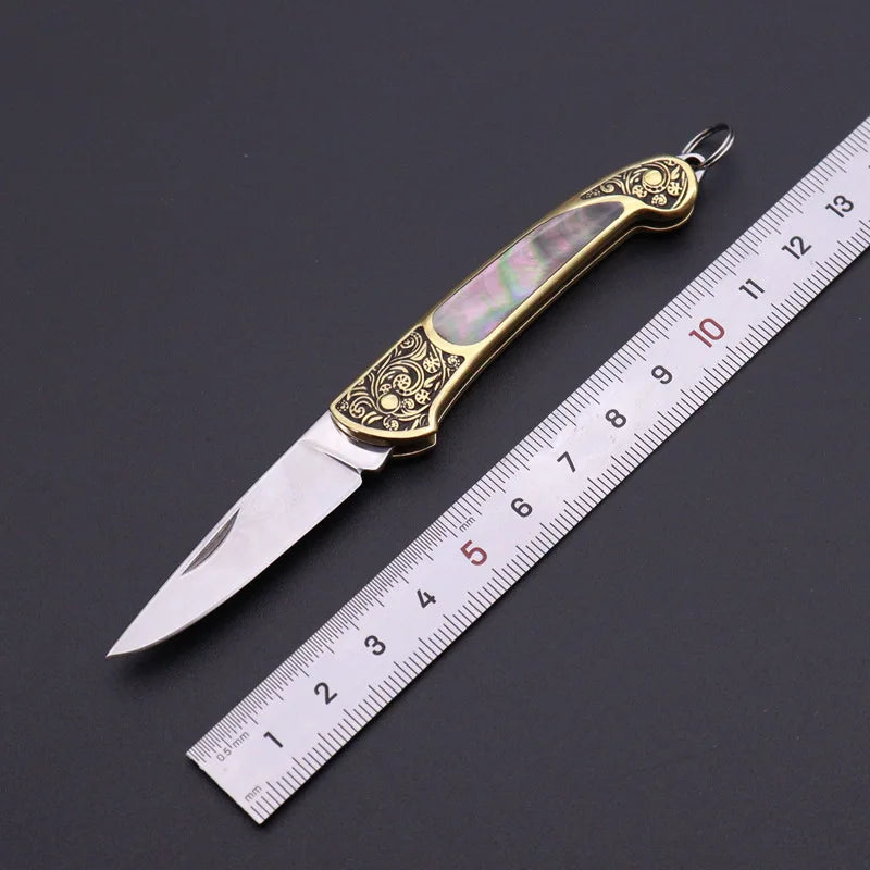 Principessa Pesca Handmade Shell Inlaid Folding Knife High Quality Sharp Brass Portable Keychain Mini Knife