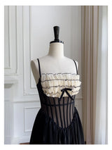 Justine's French Black Lace Sling Spliced Ruffles Bandage Backless Dress