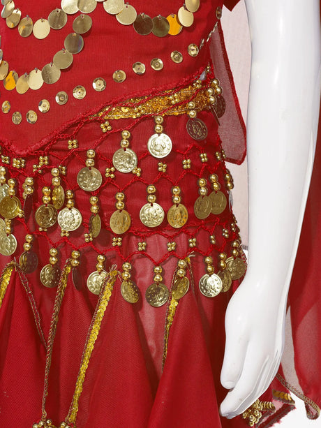 Girls Belly Dance Performance Outfit 4pcs Stage Costume Puff Sleeve Crop Top Ruffled Pants Hip Scarf Headscarf