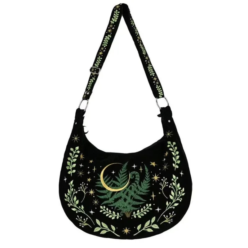 Night Forest Witch Embroidered Shoulder Bag