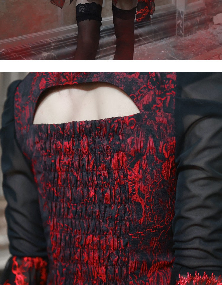 Red Gothic Embossed Jacquard Lace Top & Skirt
