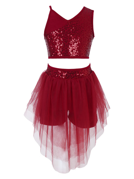 Sequins Ballet Dance Set Girls Crop Top Skirted Shorts Stage Dance Costumes