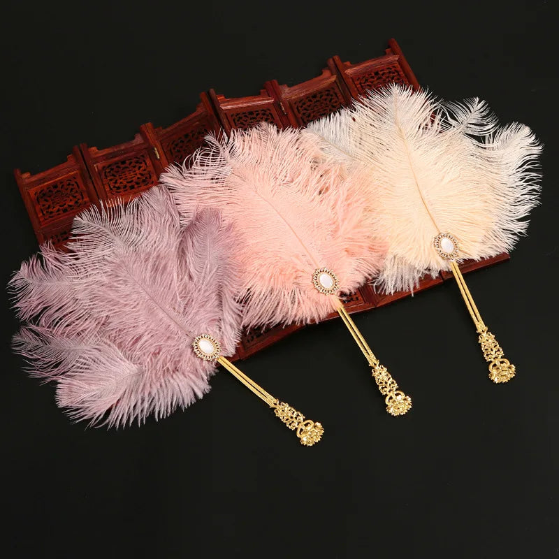 Ostrich Feather Fan Round Fan with Golden Hollow Handle Court Dance Hand Fans