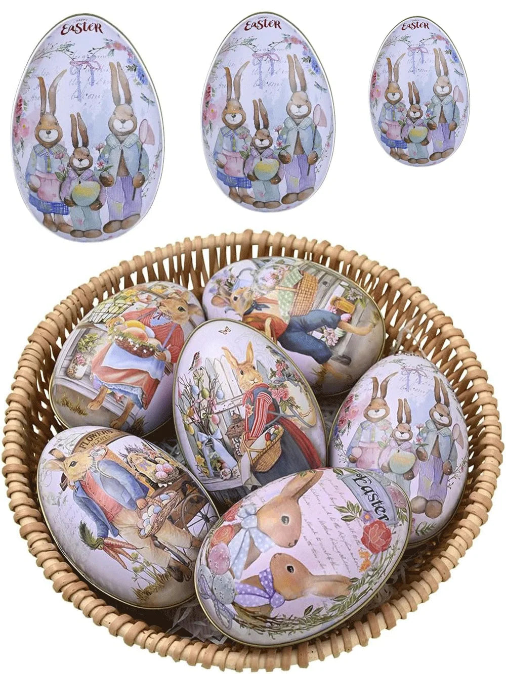 3 or 6 Large Medium Small Easter Eggs Bunny Pattern Metal Egg Shaped Candy Gift Box Easter Decoration