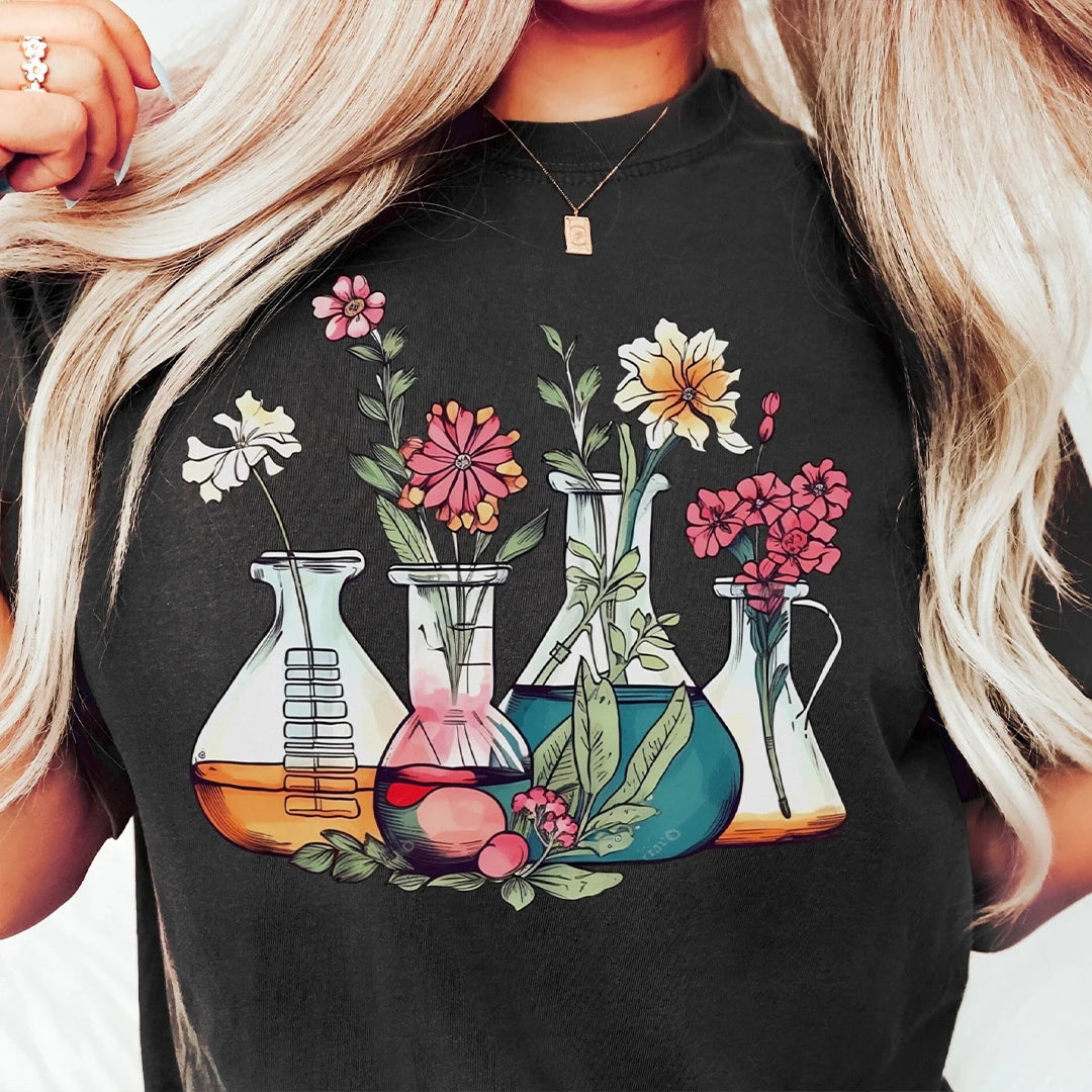 Floral Beakers Chemistry Lab Scientist T-Shirt Biology Teacher Cotton Tee