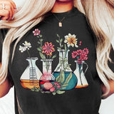 Floral Beakers Chemistry Lab Scientist T-Shirt Biology Teacher Cotton Tee