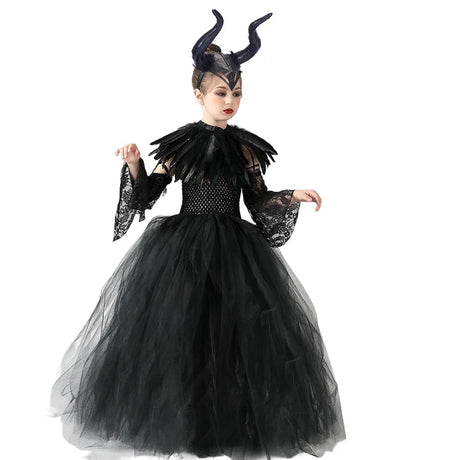 Girls Maleficent Black Tutu Halloween Costume with Feather Shawl