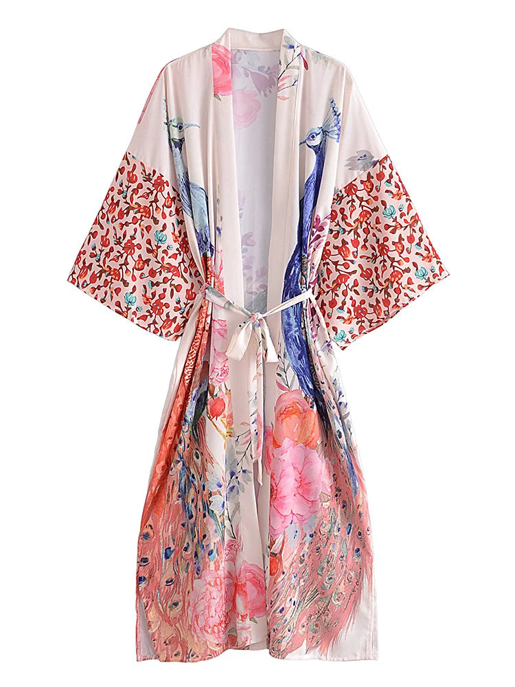 Peacock Floral Print Boho Kimono Cover-ups