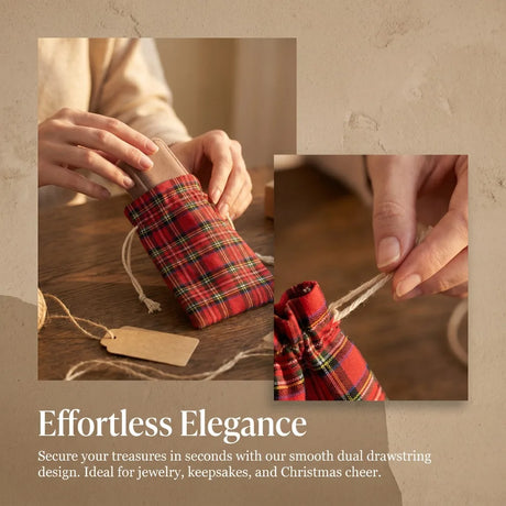 10PCS Linen Christmas Plaid Drawstring Bags Gift Pouches