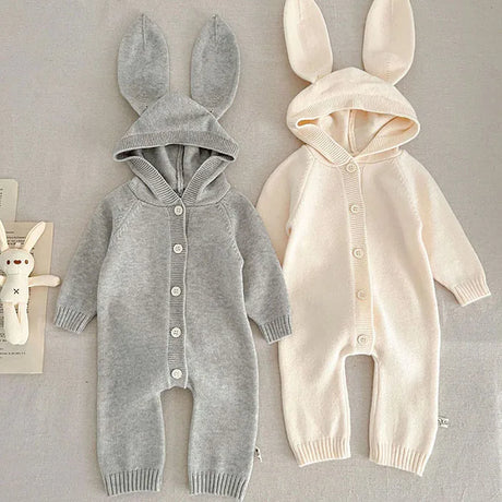 Baby and Toddler Knitted Romper Bear Bunny Ear Hooded Jumpsuits for Boys Girls