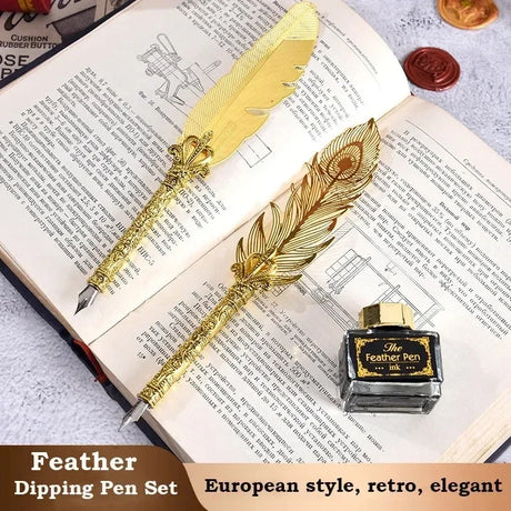 Golden Feather Quill Pens Set Dip Fountain Pens Ink Stationery Writing Gift Box Sets