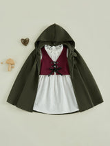 Medieval Woodland Kids Girls Costume Long Sleeve Lace Trim Dress with Vest Cloak Cosplay Outfit Set
