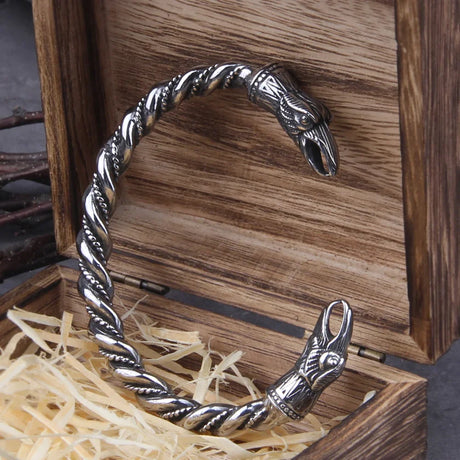Stainless Steel Nordic Viking Norse Raven Cuff Bangle Mens Gift with Wooden Box