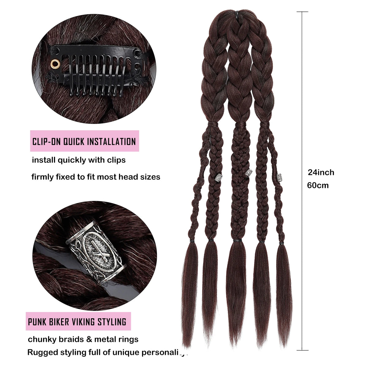 Viking Mohawk Cornrow Braided Mullet Wig Synthetic Thick 5 Braids with Metal Rings for Cosplay