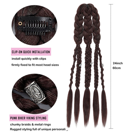 Viking Mohawk Cornrow Braided Mullet Wig Synthetic Thick 5 Braids with Metal Rings for Cosplay