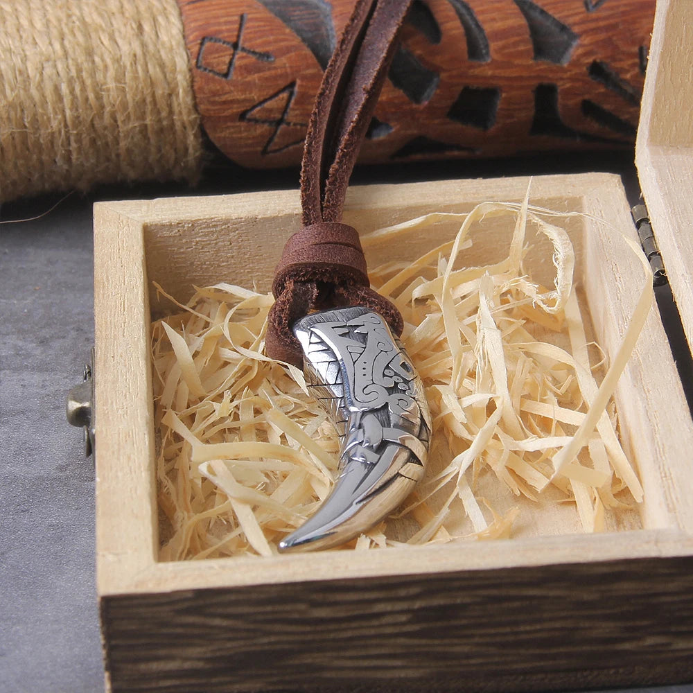 Viking Wolf Fang Stainless Steel Pendant Necklace For Men with Wooden Gift Box
