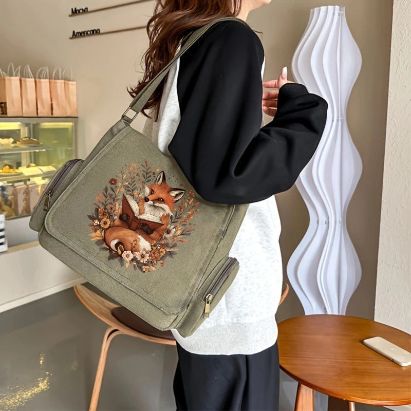 Fox Print Canvas Shoulder Bag Crossbody Messenger Bag