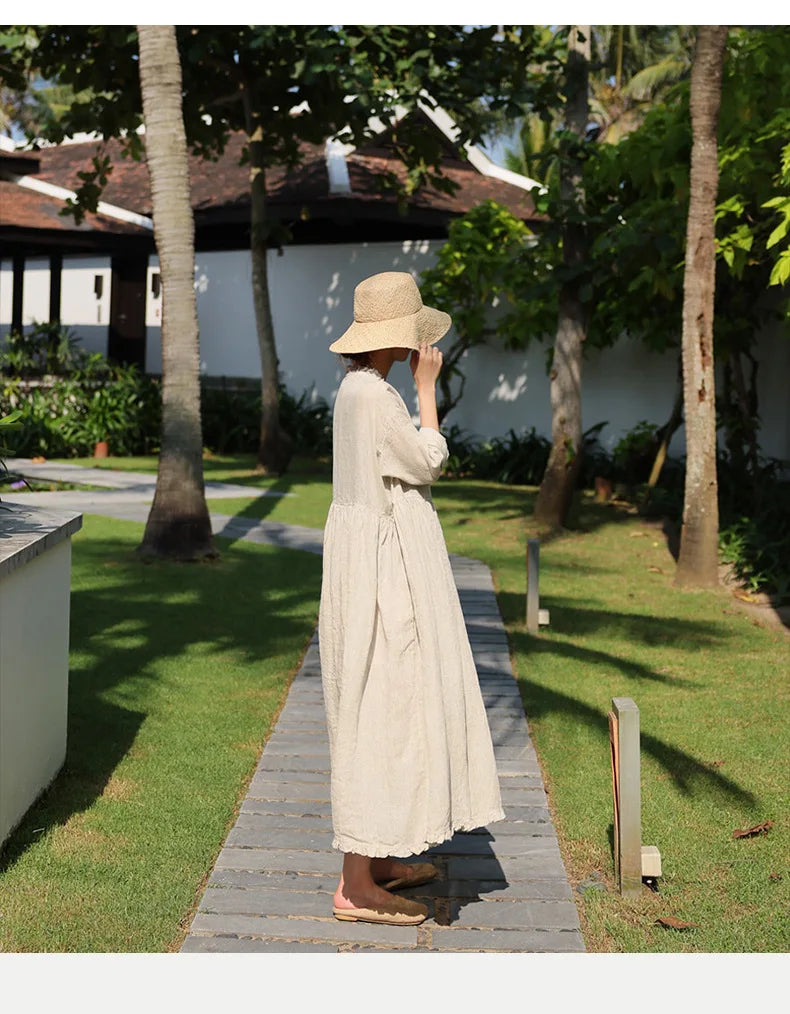 Evie's Vintage French Style Cotton Linen Dress Long Sleeveless Loose Wrap