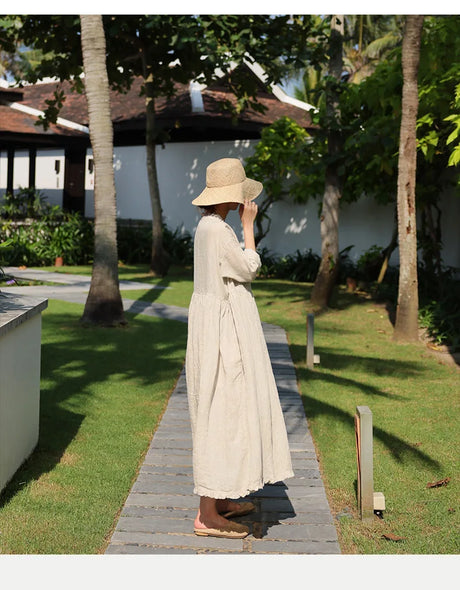 Evie's Vintage French Style Cotton Linen Dress Long Sleeveless Loose Wrap