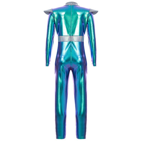 Girls Boys Alien Costume Shiny Metallic Full Body Suit Space Astronaut Robot Halloween Dress Up
