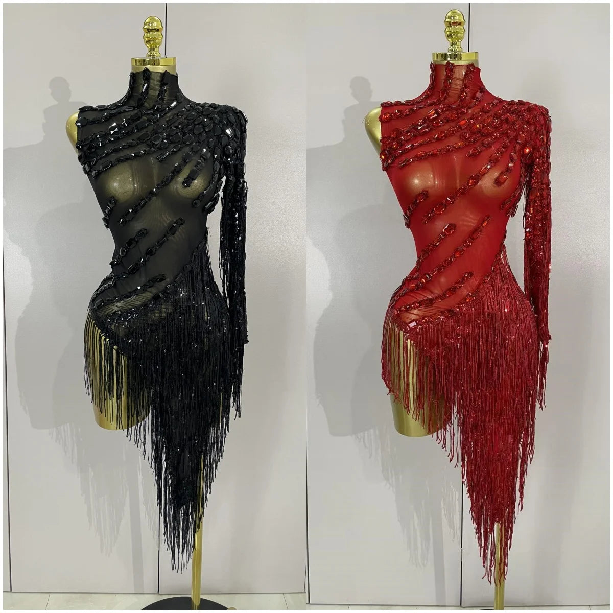 Sparkly Rhinestones Fringed Latin Dance Outfits Stage Performance Costume