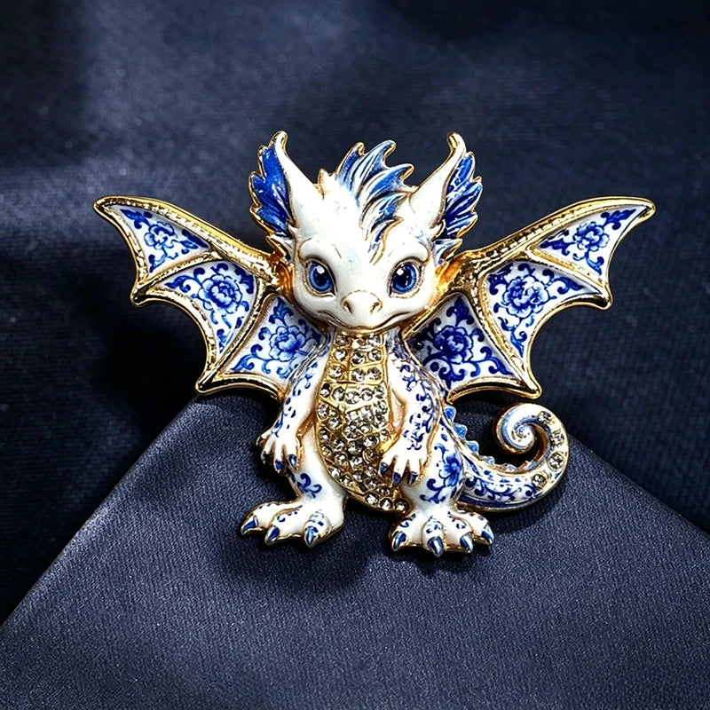 Blue Floral Baby Dragon Enamel Brooch with Rhinestones