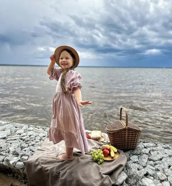 Girls Cotton and Hemp Bubble Sleeve Princess Dress