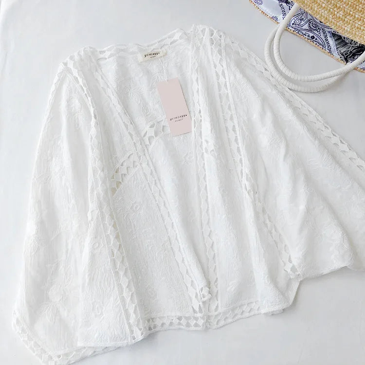 Faith's Cotton Linen Open Stitch Embroidered Summer Cover-Ups