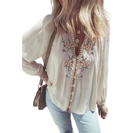 Gracie's Boho Blouses Floral Embroidery Button Down White Long-sleeved Shirt