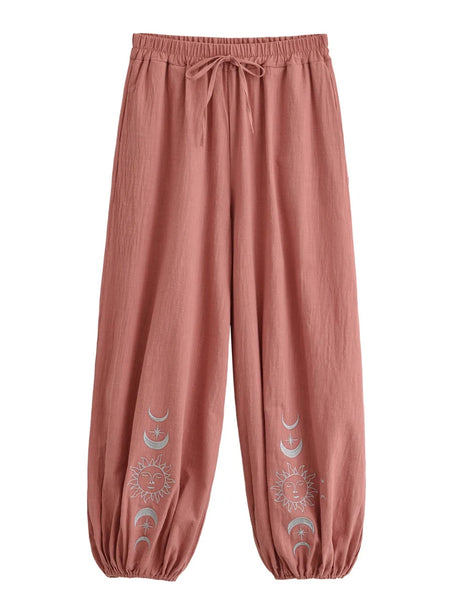Sun Moon Embroidered Linen Cotton Baggy Pants Side Pockets Loose Yoga Wear