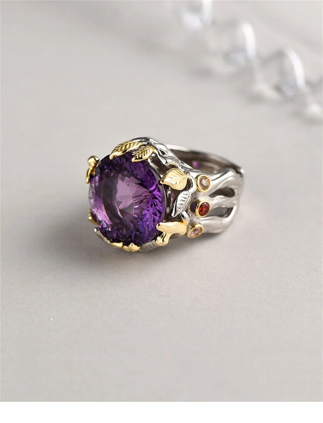 The Weaver's Treasures S925 Sterling Silver Rings Golden Leaves Natural Amethyst Tourmaline