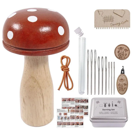 Wooden Mushroom Darning Kit Loom Complete Craft Supplies Sock Repair Kit Mending Tool For Embroidery DIY Crafts Clothes Fabric
