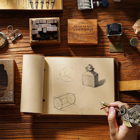 Stitched Genuine Leather Notebook 6 Colours Handmade Journal with Lock Blank Kraft Paper 200 Pages Sketchbook