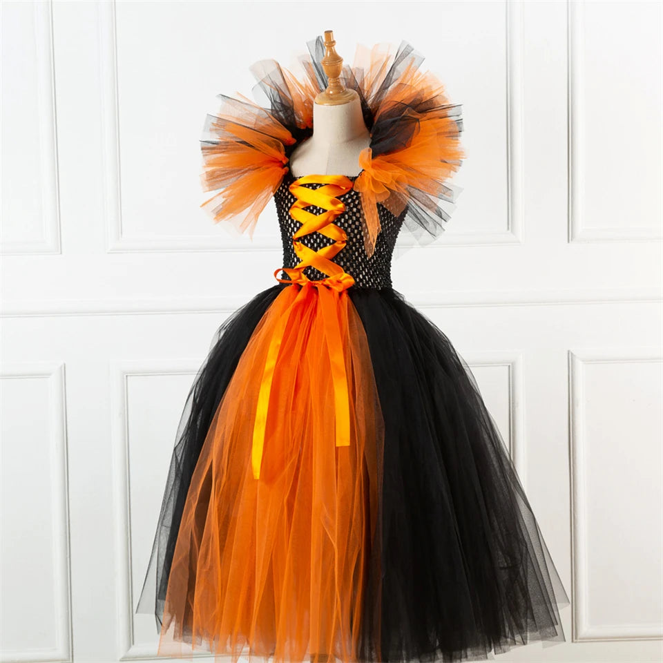 Girls Witch Ghost Vampire Halloween Costume Fluffy Tulle Dress