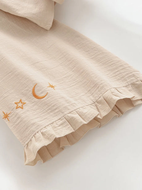 Boho Star Moon Embroidered Short Kimono Wrap Top Ruffled Flare Sleeves Cover-ups