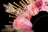 Pink Rose Pearls Sun Crown Headpiece Gothic Goddess Halo Headband