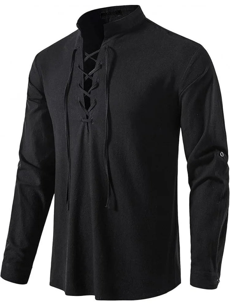 Men's Pure Cotton Medieval Lace Up Shirts Renaissance Pirate Viking T-shirt