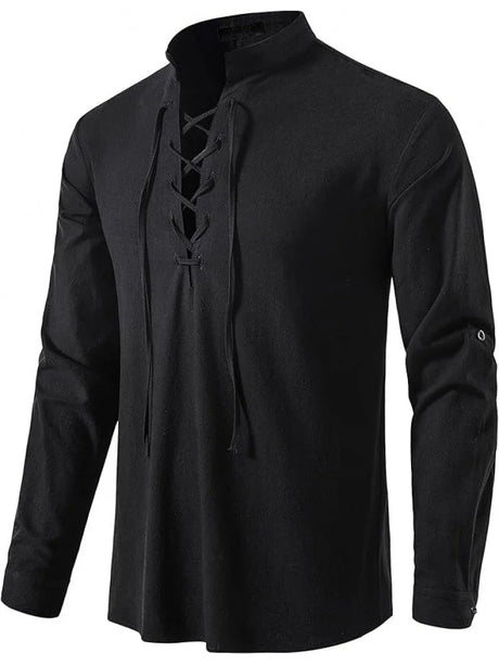 Men's Pure Cotton Medieval Lace Up Shirts Renaissance Pirate Viking T-shirt
