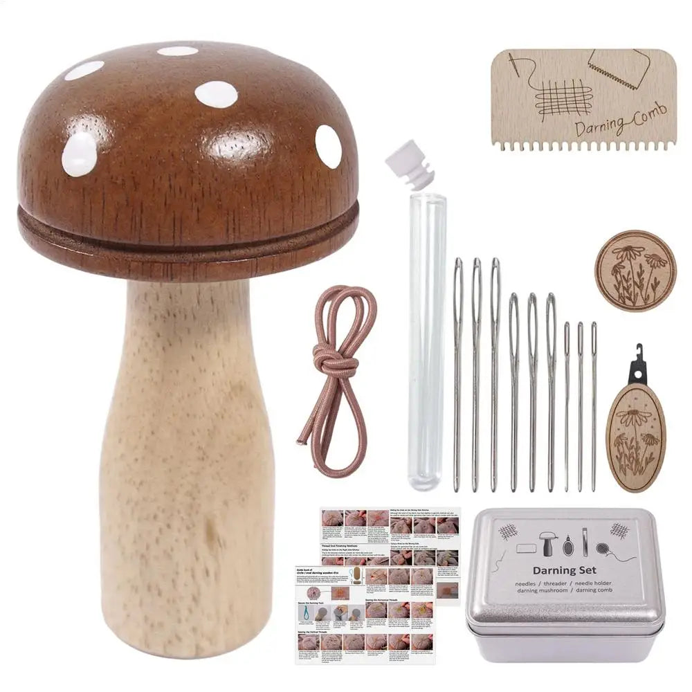 Wooden Mushroom Darning Kit Loom Complete Craft Supplies Sock Repair Kit Mending Tool For Embroidery DIY Crafts Clothes Fabric