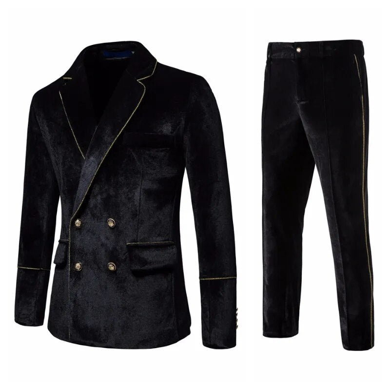 Plush Velvet Suit Two-piece Mens Party Suits Double Breasted Tuxedo Blazers & Pants