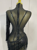 Sparkly Rhinestones Fringed Latin Dance Outfits Stage Performance Costume