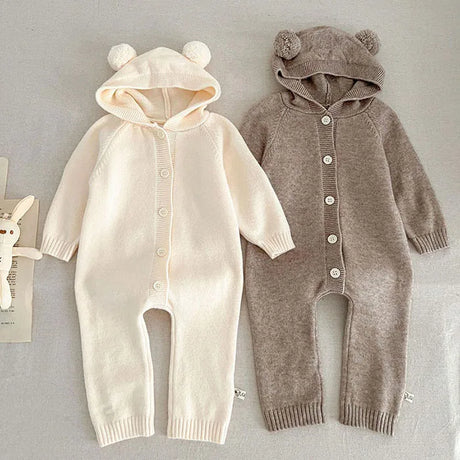 Baby and Toddler Knitted Romper Bear Bunny Ear Hooded Jumpsuits for Boys Girls