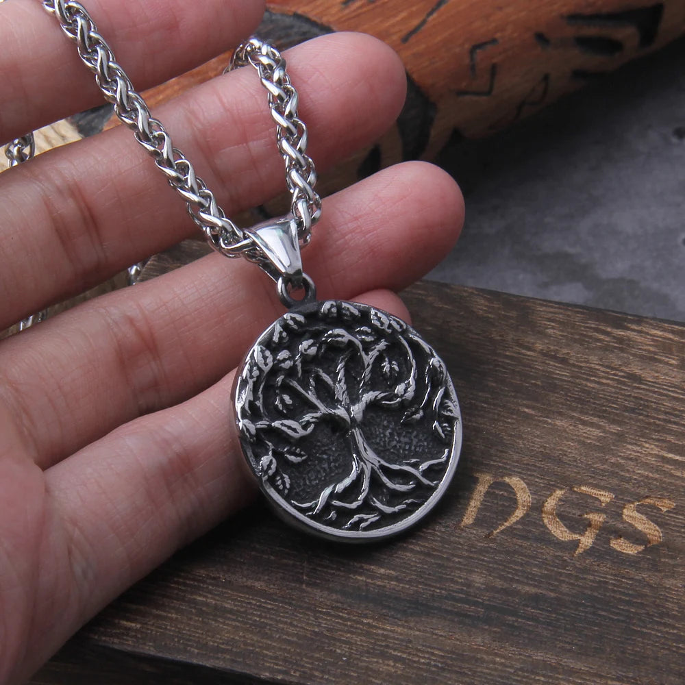 Tree of Life Amulet Stainless Steel Pendant Necklace with Wooden Gift Box