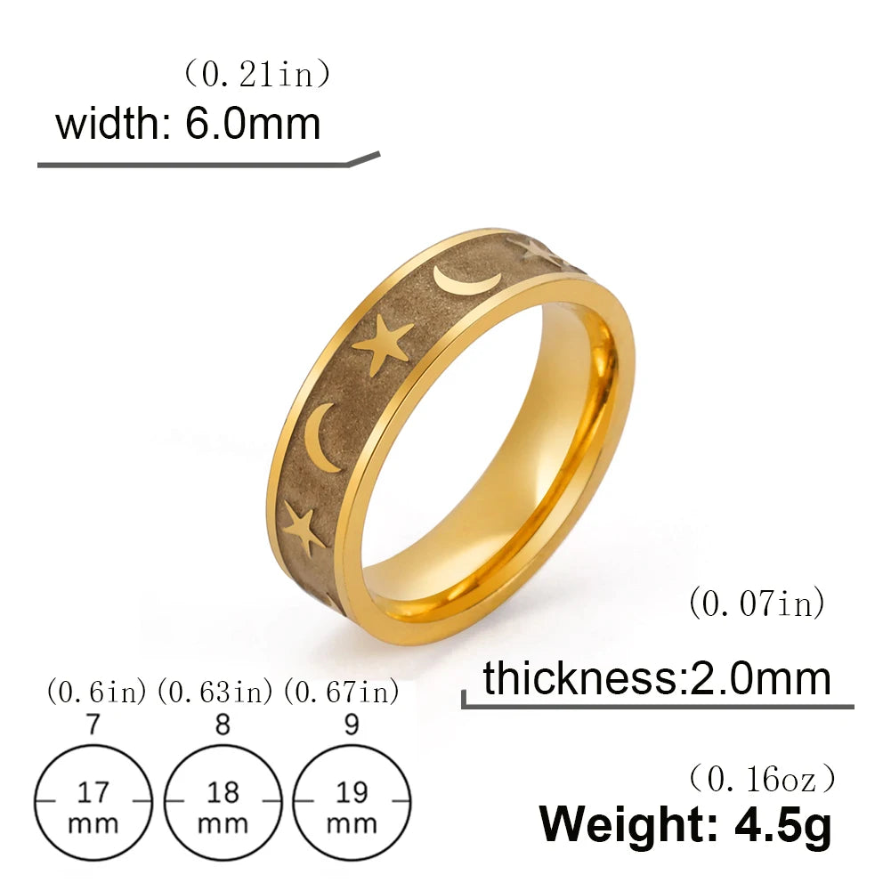 Boho Moon Star Ring Matte Gold Colour Stainless Steel Band Rings