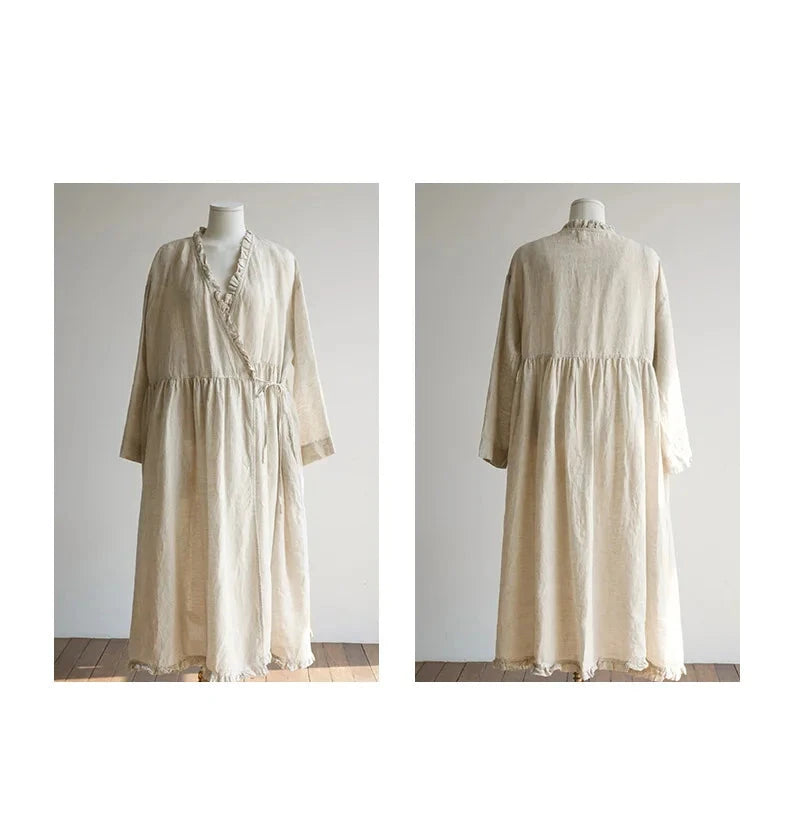 Evie's Vintage French Style Cotton Linen Dress Long Sleeveless Loose Wrap
