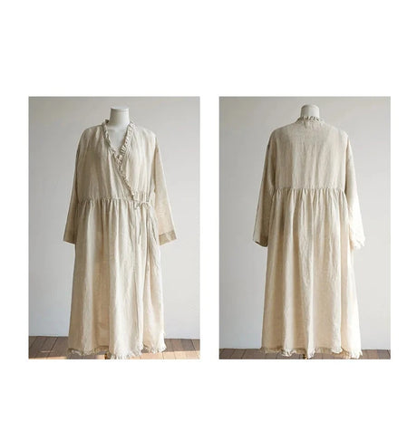 Evie's Vintage French Style Cotton Linen Dress Long Sleeveless Loose Wrap